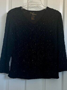 Classic Creations Black Beaded Dressy Top V-Neckline Pullover 3/4 Sleeve Sz M